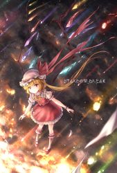 Rule 34 | 1girl, blonde hair, bow, bowtie, danmaku, flandre scarlet, frilled shirt, frilled skirt, frills, frown, glowing, hat, hat ribbon, highres, long hair, looking at viewer, minust, mob cap, puffy short sleeves, puffy sleeves, red eyes, red shirt, red skirt, ribbon, shirt, short sleeves, side ponytail, skirt, skirt set, slit pupils, solo, touhou, wings, wrist cuffs