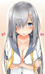 Rule 34 | 10s, 1girl, absurdres, alternate hair length, alternate hairstyle, blue eyes, blush, breast hold, breasts, cleavage, crossed arms, female focus, hair ornament, hair over one eye, hairclip, hamakaze (kancolle), heartbeat, highres, kantai collection, large breasts, long hair, looking at viewer, neckerchief, open collar, open mouth, saku (kudrove), school uniform, serafuku, silver hair, solo, tears, upper body, wavy mouth, yellow neckerchief