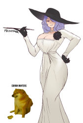 Rule 34 | 1girl, alcina dimitrescu, alcina dimitrescu (cosplay), artist name, black gloves, breasts, camilla (fire emblem), cleavage, cosplay, crossover, dress, earrings, female focus, fire emblem, fire emblem fates, fire emblem heroes, gloves, hair over one eye, hat, highres, jewelry, large breasts, long hair, looking at viewer, makeup, meziosaur, necklace, nintendo, pearl necklace, purple eyes, purple hair, resident evil, resident evil village, simple background, smile, solo, sun hat, very long hair, wavy hair, white dress