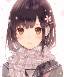 Rule 34 | &gt;:(, 1girl, black sailor collar, brown eyes, brown hair, closed mouth, enpera, hair ornament, hairclip, highres, horiizumi inko, lips, long hair, looking at viewer, original, petals, pink scarf, plaid, plaid scarf, sailor collar, scarf, simple background, solo, upper body, v-shaped eyebrows, white background