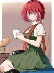 Rule 34 | 1girl, absurdres, baguette, basket, black socks, bob cut, border, bread, breasts, brown background, camera, checkered necktie, coffee mug, collared shirt, commentary, commission, cup, danganronpa (series), danganronpa 2: goodbye despair, dress, dress shirt, expressionless, food, freckles, from side, green dress, grey eyes, hair between eyes, highres, holding, holding cup, kasuga kaya, koizumi mahiru, korean commentary, large breasts, light blush, looking at viewer, looking to the side, mug, necktie, outside border, pinafore dress, pink necktie, pleated dress, red hair, shirt, short hair, short sleeves, sitting, sleeveless, sleeveless dress, socks, strap, table, white border, white shirt