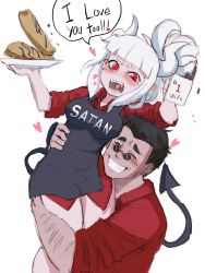 Rule 34 | 1boy, 1girl, apron, arm hair, black apron, black hair, blush, carrying, carrying person, closed eyes, couple, cup, demon girl, demon horns, demon tail, english text, fangs, food, foxxarius, heart, heart in mouth, helltaker, helltaker (character), highres, holding, holding cup, holding plate, horns, lifting person, lucifer (helltaker), mole, mole under eye, no pants, open mouth, pancake, plate, red eyes, red shirt, round eyewear, shirt, shouting, smile, spilling, sunglasses, tail, white background, white hair, white horns