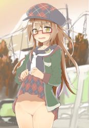 Rule 34 | 10s, 1girl, argyle, argyle clothes, argyle skirt, bad id, bad twitter id, blurry, blush, brown eyes, brown hair, caburi aki, clothes lift, commentary request, cowboy shot, crescent, crescent pin, day, depth of field, groin, hat, inactive account, kantai collection, lifting own clothes, long hair, long sleeves, looking at viewer, mochizuki (kancolle), necktie, no panties, nose blush, open mouth, outdoors, pussy, school uniform, serafuku, sidelocks, skirt, skirt lift, solo, sweat, white necktie