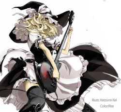 Rule 34 | 1girl, apron, blonde hair, colorized, comic, cosplay, crossover, dress, electric guitar, frills, gibson les paul, guitar, hat, highres, instrument, kirisame marisa, kirisame marisa (cosplay), long hair, music, natsumi kei, natsumikei, ribbon, solo, thighhighs, touhou, umineko no naku koro ni, ushiromiya jessica, witch, witch hat