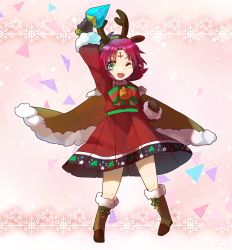 Rule 34 | 1girl, absurdres, antlers, arm up, bell, boots, brown gloves, cape, dress, facial mark, fae (fire emblem), fae (winter) (fire emblem), fire emblem, fire emblem: the binding blade, fire emblem heroes, forehead mark, full body, fur trim, gloves, green eyes, highres, horns, long sleeves, nintendo, one eye closed, open mouth, peppedayo ne, pointy ears, purple hair, reindeer antlers, short hair, snowflakes, solo