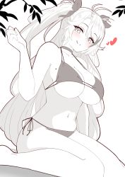 Rule 34 | 1girl, :q, absurdres, antenna hair, azur lane, bare arms, bare legs, bare shoulders, barefoot, bikini, blush, breasts, choker, cleavage, commentary request, dutch angle, feet out of frame, hair between eyes, hair ribbon, hand up, heart, highres, large breasts, mole, mole on breast, monochrome, moyoron, navel, parted bangs, prinz eugen (azur lane), prinz eugen (unfading smile) (azur lane), ribbon, side-tie bikini bottom, simple background, sitting, solo, swimsuit, tongue, tongue out, two side up, wariza, white background