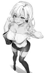 Rule 34 | 1girl, bag, bare shoulders, blush, breasts, cleavage, commentary request, earrings, from above, garter straps, greyscale, handbag, hands up, highres, jewelry, large breasts, long hair, long sleeves, looking at viewer, monochrome, off shoulder, original, parted lips, sage joh, shirt, skirt, smile, solo, thighhighs