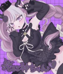 Rule 34 | 1girl, :o, black dress, black gloves, black horns, black nails, braid, breasts, character name, cleavage, criss-cross halter, crown, detached sleeves, dress, fingerless gloves, floral print, gloves, hair ornament, halterneck, highres, horns, inu nui, large breasts, long hair, looking at viewer, master detective archives: rain code, multicolored hair, nail polish, open mouth, pink background, pink eyes, pink hair, ribbon, shinigami (rain code), solo, symbol in eye, twin braids, two-tone hair, v, very long hair, white ribbon