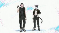 Rule 34 | 1boy, 1girl, animal ears, baseball cap, black pants, black shirt, black vest, bob cut, cat ears, cat tail, closed mouth, final fantasy, final fantasy xiv, hand in pocket, hat, jewelry, looking at viewer, medium hair, midriff, miqo&#039;te, multicolored hair, navel, necklace, pants, pink hair, shirt, shoes, smile, sneakers, standing, streaked hair, tail, tladpwl03, vest, warrior of light (ff14)
