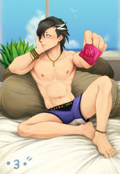 Rule 34 | 1boy, abs, ankleband, barefoot, bed sheet, black hair, blush, boxers, bracelet, collarbone, condom, condom wrapper, day, fate/grand order, fate (series), feet, hand on own cheek, hand on own face, hands up, highres, holding, holding condom, indoors, jewelry, looking away, male focus, male underwear, mandricardo (fate), multicolored hair, navel, necklace, nipples, padadada, parted bangs, pectorals, pillow, pouty lips, purple male underwear, short hair, signature, sitting, solo, spread legs, toned, toned male, underwear, underwear only, window, wristband