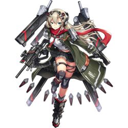 Rule 34 | 1girl, armored boots, artist request, bandage on face, bandages, black gloves, black skirt, blonde hair, blue sailor collar, boots, breast pocket, closed mouth, coat, cropped shirt, final gear, full body, gloves, green coat, gun, hair between eyes, hair ornament, hairpods, headphones, highres, holding, holding gun, holding weapon, leg up, leigh (final gear), long hair, long sleeves, looking at viewer, midriff, multicolored footwear, navel, neckerchief, official art, parted lips, pleated skirt, pocket, pouch, red neckerchief, red scarf, rigging, running, sailor collar, scarf, scope, simple background, skirt, solo, tachi-e, thigh pouch, thigh strap, third-party source, transparent background, v-shaped eyebrows, weapon, weapon request