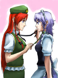 Rule 34 | 2girls, bad id, bad pixiv id, beret, clothes grab, colored eyelashes, female focus, from side, hat, highres, hong meiling, izayoi sakuya, light purple hair, maid, multiple girls, red hair, ribbon, touhou, umaco, undressing