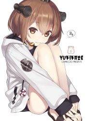 Rule 34 | 1girl, :3, artist name, black footwear, black one-piece swimsuit, blush, brown eyes, brown hair, capriccio, character name, closed mouth, commentary request, hair between eyes, headgear, hood, hood down, hooded jacket, jacket, kantai collection, knees up, lifebuoy, long sleeves, looking at viewer, one-piece swimsuit, sandals, simple background, sitting, sleeves past wrists, solo, speaking tube headset, swim ring, swimsuit, swimsuit under clothes, white background, white jacket, yukikaze (kancolle)