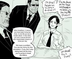 Rule 34 | 1girl, 2boys, agent smith, bb (baalbuddy), closed mouth, commentary, earpiece, english commentary, english text, female pervert, frown, green theme, hair slicked back, highres, jacket, middle finger, monochrome, multiple boys, necktie, neo (matrix), open mouth, orc, original, pervert, profanity, scene reference, shirt, short hair, sitting, smile, standing, sweat, nervous sweating, the matrix, tusks