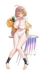 Rule 34 | 1girl, absurdres, ahoge, anis (nikke), anis (sparkling summer) (nikke), aviator sunglasses, bikini, breasts, brown eyes, brown hair, can, cleavage, commentary, drink can, eyepatch bikini, eyewear on head, full body, goddess of victory: nikke, highleg, highleg bikini, highres, holding, holding can, huge breasts, jacket, jewelry, nail polish, necklace, off shoulder, official alternate costume, on table, open clothes, open jacket, pink-tinted eyewear, short hair, side-tie bikini bottom, soda can, star (symbol), star necklace, stirrup legwear, sunglasses, swimsuit, table, thighs, tinted eyewear, toeless legwear, white background, white bikini, wooden table, yarn (yarn 03), yellow jacket
