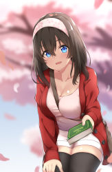 Rule 34 | 10s, 1girl, between breasts, black hair, black thighhighs, blue eyes, blurry, blush, book, breasts, cardigan, cherry blossoms, cleavage, collar, cowboy shot, depth of field, giving, hair between eyes, hairband, highres, holding, holding book, idolmaster, idolmaster cinderella girls, large breasts, long hair, looking at viewer, open cardigan, open clothes, parted lips, sagisawa fumika, shirt, short shorts, shorts, smile, solo, spicy moo, strap between breasts, thighhighs, white shirt, white shorts, zettai ryouiki