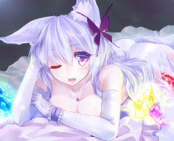 Rule 34 | 1girl, animal ears, ass, blue dress, blue hair, bracelet, breasts, butterfly hair ornament, crying, crystal, dress, elbow gloves, fang, gem, gloves, hair between eyes, hair ornament, highres, jewelry, large breasts, long hair, looking at viewer, lying, minarai tenna, nude, on back, one eye closed, open mouth, original, purple eyes, solo, tail, towel, white gloves