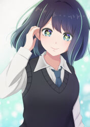 Rule 34 | 1girl, absurdres, black sweater vest, blue hair, blue necktie, blush, closed mouth, collared shirt, commentary, green eyes, hair behind ear, highres, kurokawa akane, light blue hair, long sleeves, looking at viewer, medium hair, miori (mioringo 333), multicolored hair, necktie, oshi no ko, puffy sleeves, shirt, sidelocks, smile, solo, star-shaped pupils, star (symbol), streaked hair, sweater vest, symbol-shaped pupils, upper body, white shirt