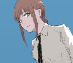 Rule 34 | 1girl, black necktie, blue background, braid, braided ponytail, brown hair, business suit, chainsaw man, collared shirt, formal, kubo tite (style), light smile, long hair, looking at viewer, makima (chainsaw man), necktie, ringed eyes, shirt, smile, solo, suit, white shirt, yellow eyes