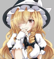 Rule 34 | 1girl, blonde hair, blush, bow, braid, breasts, brown eyes, cleavage cutout, clothing cutout, collared shirt, commentary, covering own mouth, finger to mouth, fingerless gloves, flying sweatdrops, gloves, hair bow, hair over one eye, hat, kirisame marisa, long hair, looking at viewer, medium breasts, puffy short sleeves, puffy sleeves, shirt, short sleeves, shy, side braid, single braid, solo, touhou, underbust, upper body, very long hair, wavy hair, white gloves, witch hat, yuki (snowmaiden)