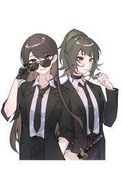 Rule 34 | 2girls, absurdres, adjusting eyewear, bang dream!, bang dream! it&#039;s mygo!!!!!, black choker, black gloves, black jacket, black necktie, black pants, black suit, brown hair, chinese commentary, choker, closed mouth, collared shirt, commentary request, commission, earrings, formal, gloves, green eyes, hand in own hair, highres, holding, holding sword, holding weapon, jacket, jewelry, katana, long hair, looking at viewer, multiple girls, necktie, pants, parted lips, purple eyes, second-party source, shiina taki, shirt, suit, sunglasses, sword, tsumalan, weapon, white shirt, yahata umiri