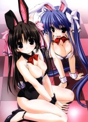 Rule 34 | 2girls, all fours, animal ears, anklet, bare legs, black eyes, black hair, blue hair, blush, bow, breasts squeezed together, breasts, cleavage, detached collar, fake animal ears, hair bow, high heels, highres, jewelry, kamipani!, katase megumi, kujou amane, large breasts, leotard, long hair, multiple girls, playboy bunny, rabbit ears, rabbit tail, shintarou, shoes, tail, twintails, very long hair, wrist cuffs