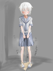 Rule 34 | 1girl, abura ooyake, blue neckwear, blue sailor collar, blue skirt, closed mouth, collarbone, embarrassed, female focus, flat chest, full body, glasses, grey background, grey eyes, highres, japanese text, looking at viewer, peeing, peeing self, pleated skirt, puddle, sailor collar, school uniform, serafuku, shoes, short hair, silver hair, simple background, skirt, socks, solo, standing, steam, translation request, ueno-san wa bukiyou, wet, wet clothes, white footwear, white socks, yamashita (ueno-san wa bukiyou)