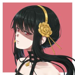Rule 34 | 1girl, black dress, black hair, close-up, closed mouth, collarbone, dress, earrings, flower, gold hairband, hairband, highres, jewelry, lipstick, makeup, nonoa-cg, portrait, profile, red eyes, rose, shaded face, sidelocks, solo, spy x family, yor briar