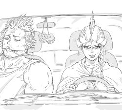 Rule 34 | 1boy, 1girl, bad id, bb (baalbuddy), black clover, braid, cape, car interior, charlotte roselei, cleave gag, cloth gag, commentary, crazy eyes, dice, driving, english commentary, gag, gagged, greyscale, hat, highres, improvised gag, inactive account, medium hair, monochrome, muscular, shaded face, smile, sweat, yami sukehiro