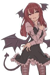 Rule 34 | 1girl, absurdres, bat wings, cowboy shot, demon tail, head wings, highres, juliet sleeves, kawayabug, koakuma, lips, long hair, long sleeves, looking to the side, pantyhose, parted lips, puffy sleeves, red eyes, red hair, simple background, smile, solo, tail, touhou, white background, wings