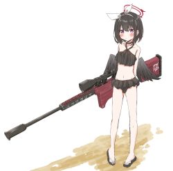 Rule 34 | 1girl, anti-materiel rifle, arms behind back, black hair, blue archive, collarbone, commentary request, full body, gun, halo, highres, kaki0krnt, looking at viewer, mashiro (blue archive), mashiro (swimsuit) (blue archive), navel, purple eyes, red halo, rifle, sandals, scope, sniper rifle, solo, swimsuit, weapon, winged halo, wings