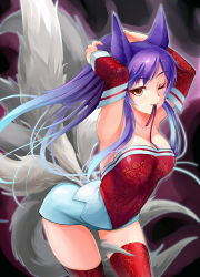 Rule 34 | 1girl, adjusting hair, ahri (league of legends), alternate costume, animal ears, blue hair, breasts, detached sleeves, floral print, fox ears, fox tail, gradient hair, hair between eyes, highres, kod0415, korean clothes, large breasts, league of legends, long hair, looking at viewer, multicolored hair, multiple tails, off shoulder, one eye closed, orange eyes, ponytail, red thighhighs, slit pupils, solo, tail, thighhighs, two-tone hair, tying hair, zettai ryouiki