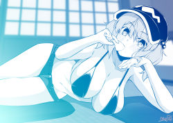 Rule 34 | 1girl, alternate costume, arm support, bikini, bikini top only, blue theme, blush, breasts, cleavage, commentary request, feet out of frame, flat cap, hair bobbles, hair ornament, hat, highres, kagiyama shachou, kawashiro nitori, large breasts, looking at viewer, lying, medium hair, monochrome, on side, open mouth, short shorts, shorts, sidelocks, solo, swimsuit, touhou, two side up, window