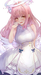 Rule 34 | 1girl, angel wings, asaikeu, bare arms, blue archive, blue bow, blunt bangs, blush, bow, breasts, commentary, dress, feathered wings, frilled dress, frilled ribbon, frills, hair bun, hair ribbon, halo, highres, large breasts, long hair, looking at viewer, low wings, mika (blue archive), open mouth, pink hair, pink halo, ribbon, simple background, single side bun, solo, starry sky print, underbust, white background, white dress, white ribbon, white wings, wings, yellow eyes