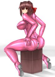 Rule 34 | 10s, 1girl, :3, ass, ass grab, blush, bodysuit, boots, bow, breasts, brown hair, deep skin, female focus, from behind, girls und panzer, gloves, gradient background, hair bow, headband, highres, huge breasts, kondou taeko, latex, latex suit, looking at viewer, red eyes, shiny clothes, short hair, sideboob, sitting, skin tight, smile, solo, tomahawk (nagarebosi8492), zipper