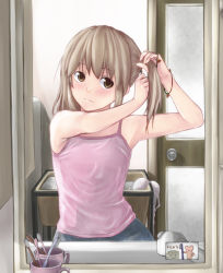 Rule 34 | 1girl, adjusting hair, armpit crease, armpits, bad id, bad pixiv id, bare arms, bare shoulders, blush, bra, brown eyes, brown hair, camisole, child, cup, dokipara, door, female pov, flat chest, hair bobbles, hair ornament, indoors, lingerie, looking at viewer, mirror, original, pov, reflection, side ponytail, sleeveless, smile, solo, tank top, toothbrush, twintails, tying hair, underwear, yoropa