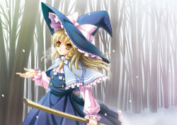 Rule 34 | 1girl, blonde hair, braid, broom, female focus, forest, hat, kirisame marisa, nature, outdoors, plant, short hair, skirt, solo, takatsukasa yue, touhou, witch, witch hat, yellow eyes