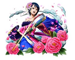 Rule 34 | 1girl, blue hair, blue kimono, bodskih, breasts, cleavage, collarbone, flower, hair flower, hair ornament, holding, holding sheath, holding sword, holding weapon, japanese clothes, kimono, large breasts, one piece, one piece treasure cruise, open mouth, petals, pink flower, sheath, short hair, solo, sword, tashigi, transparent background, unsheathing, weapon