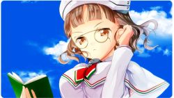 Rule 34 | 10s, 1girl, brown eyes, brown hair, eyewear strap, glasses, gradient background, hat, kantai collection, maclo, roma (kancolle), short hair, solo