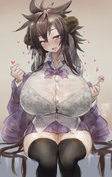Rule 34 | 1girl, absurdres, beige background, black bra, black hair, black thighhighs, bra, breasts, brown hair, candy, curvy, demon girl, eyelashes, fang, female focus, food, goat horns, half-closed eyes, head tilt, heart, highres, horns, huge breasts, jacket, lollipop, long hair, looking at viewer, miniskirt, naughty face, purple eyes, purple jacket, purple skirt, see-through, shiny clothes, shiny skin, shirt, sitting, skin fang, skirt, smile, solo, spiked hair, sweat, sweatblush, thick thighs, thighhighs, thighs, todakenji, underwear, very long hair, white shirt, wide hips, zettai ryouiki