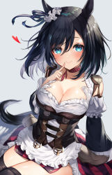 Rule 34 | 1girl, 40 (0f0urw), absurdres, animal ears, black hair, black thighhighs, blue eyes, blue ribbon, blush, bow, breasts, choker, cleavage, collarbone, commentary request, corset, cowboy shot, ear ribbon, eishin flash (umamusume), finger to mouth, frilled shirt, frills, grey background, hair between eyes, hand up, heart, highres, horse ears, horse girl, horse tail, long sleeves, looking at viewer, medium breasts, red choker, ribbon, scrunchie, shirt, short hair, simple background, sitting, skirt, smile, solo, striped clothes, striped skirt, tail, thighhighs, thighs, umamusume, vertical-striped clothes, vertical-striped skirt, white shirt, zettai ryouiki