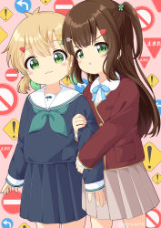 2girls :3 :t antenna_hair arm_hug blazer blonde_hair blue_ribbon blue_serafuku blue_shirt blue_skirt blush bow brown_hair closed_mouth collared_shirt commentary_request cowboy_shot flower green_bow green_eyes green_flower green_neckerchief grey_skirt hair_bow hair_flower hair_ornament hairclip hao_(pila-pela) highres jacket kaorin_(pila-pela) long_hair long_sleeves looking_at_viewer low_twintails multiple_girls neck_ribbon neckerchief no_entry_sign one_side_up original pila-pela pink_background pleated_skirt pout red_jacket ribbon road_sign sailor_collar school_uniform serafuku shirt short_hair sidelocks sign skirt smile stop_sign tareme twintails v-shaped_eyebrows warning_sign white_flower white_sailor_collar white_shirt