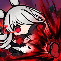 Rule 34 | 1girl, animal ears, black capelet, braid, capelet, chibi, closed mouth, copyright request, dokomon, dress, flaming eye, gloves, glowing, glowing eyes, grey hair, hair over one eye, highres, hood, hood down, hooded capelet, kicking, rabbit ears, red eyes, red footwear, red gloves, shoe soles, shoes, solo, white dress