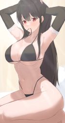 Rule 34 | 1girl, albi, arm warmers, armpits, arms behind head, arms up, bad id, bad pixiv id, bare shoulders, bikini, black bikini, black hair, breasts, bunching hair, cleavage, collarbone, hair tie in mouth, halterneck, halterneck, highleg, highleg bikini, highres, large breasts, long hair, looking at viewer, mouth hold, navel, original, ponytail, red eyes, sitting, solo, stomach, string bikini, swimsuit, thighs