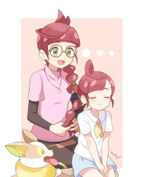 Rule 34 | 2girls, :d, bad id, bad pixiv id, black shirt, black skirt, blue skirt, blush, border, braid, braiding hair, chloe (pokemon), closed eyes, commentary request, creatures (company), dog, fang, game freak, gen 8 pokemon, glasses, green eyes, hair tie, hairdressing, jewelry, layered sleeves, long sleeves, looking at another, mature female, mei (maysroom), mother and daughter, multiple girls, neckerchief, necklace, nintendo, open mouth, pink background, pink sweater, pokemon, pokemon (anime), pokemon (creature), pokemon journeys, red hair, shirt, short over long sleeves, short sleeves, signature, single braid, sitting, skirt, smile, sweater, talia (pokemon), white border, white shirt, yamper, yellow neckerchief