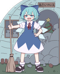 Rule 34 | 1girl, absurdres, black footwear, blue bow, blue dress, blue eyes, blue hair, blush, bow, broom, cirno, collared shirt, commentary request, detached wings, dress, fairy, fang, full body, hair bow, highres, holding, holding broom, ice, ice wings, kame (kamepan44231), one-hour drawing challenge, open mouth, pinafore dress, puffy short sleeves, puffy sleeves, shirt, shoes, short hair, short sleeves, skin fang, sleeveless dress, smile, socks, solo, touhou, translation request, white shirt, white socks, wings