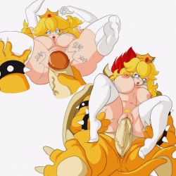 Rule 34 | 1boy, 1girl, ^^^, armlet, arms up, artist name, blonde hair, blue eyes, bowser, bracelet, breasts, breasts apart, character name, claws, clitoris, crown, deep skin, disembodied limb, disembodied penis, drooling, earrings, elbow gloves, erection, eyelashes, female pubic hair, furrowed brow, gloves, grabbing, grabbing from behind, hands on another&#039;s thighs, hetero, highres, horns, imminent penetration, imminent vaginal, interspecies, jewelry, large breasts, legs up, long hair, looking at viewer, looking down, mario (series), motion lines, nala1588, navel, nintendo, nipples, no shoes, nude, open mouth, penis, penis grab, princess peach, pubic hair, pussy, red hair, reverse suspended congress, saliva, sex, sex from behind, shaped pubic hair, shell, simple background, sitting, size difference, slapping with penis, sound effects, spiked armlet, spiked bracelet, spiked tail, spikes, spread legs, star-shaped pubic hair, star (symbol), super mario bros. 1, tail, tearing up, teeth, thick thighs, thigh grab, thighhighs, thighs, tongue, tongue out, uncensored, upper teeth only, vaginal, veins, veiny penis, white background, white gloves, white thighhighs