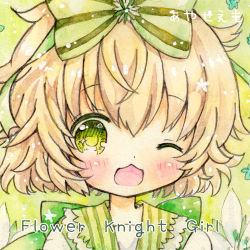 Rule 34 | 1girl, ;d, artist name, bad id, bad pixiv id, blonde hair, blush, bow, close-up, copyright name, emo (mikan), flower, flower knight girl, green background, green bow, green eyes, hair bow, hakobera (flower knight girl), looking at viewer, lowres, messy hair, one eye closed, open mouth, painting (medium), short hair, smile, solo, striped, striped bow, traditional media, watercolor (medium)