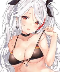 Rule 34 | 1girl, anchor, azur lane, blush, breasts, choker, cleavage, collarbone, commentary, english commentary, head tilt, hitsukuya, large breasts, lifting own clothes, multicolored hair, prinz eugen (azur lane), prinz eugen (unfading smile) (azur lane), red eyes, red hair, silver hair, smile, solo, strap lift, streaked hair, two side up, unfinished, upper body