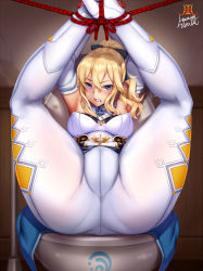 Rule 34 | 1girl, arms up, ass, black bow, blonde hair, blue capelet, blue eyes, bound, bound ankles, bound wrists, bow, breasts, capelet, clenched teeth, detached collar, detached sleeves, fat mons, genshin impact, hair between eyes, hair bow, ikemura hiroichi, jean (genshin impact), large breasts, legs up, long hair, looking at viewer, paid reward available, pants, ponytail, restrained, rope, scowl, signature, sitting, teeth, tight clothes, tight pants, toilet, toilet seat, view between legs, white legwear, white sleeves